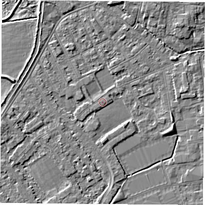 Shaded relief map of the ground around NG101GD, computed from Environment Agency LiDAR. The ground here sits at about 29 m above sea level and falls 5 m across the surrounding 800 m. Surface water reaching this point runs off ground lying to the south, 1.9 m higher.