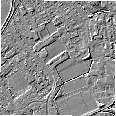 Shaded relief map of the ground around NG101GF, computed from Environment Agency LiDAR. The ground here sits at about 29 m above sea level and falls 6 m across the surrounding 800 m. Surface water reaching this point runs off ground lying to the north-east, 2.6 m higher.