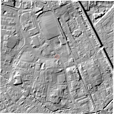 Shaded relief map of the ground around NG101GH, computed from Environment Agency LiDAR. The ground here sits at about 30 m above sea level and falls 8 m across the surrounding 800 m. Surface water reaching this point runs off ground lying to the north-north-west, 5.4 m higher.