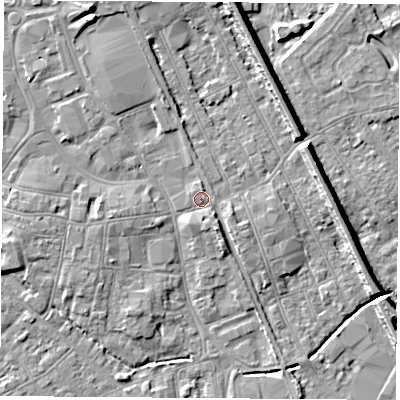 Shaded relief map of the ground around NG101GJ, computed from Environment Agency LiDAR. The ground here sits at about 30 m above sea level and falls 8 m across the surrounding 800 m. Surface water reaching this point runs off ground lying to the north-north-east, 0.8 m higher.
