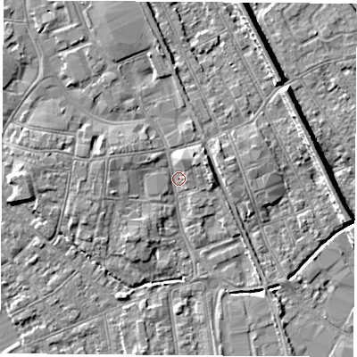 Shaded relief map of the ground around NG101GN, computed from Environment Agency LiDAR. The ground here sits at about 29 m above sea level and falls 8 m across the surrounding 800 m. Surface water reaching this point runs off ground lying to the north-west, 2.7 m higher.