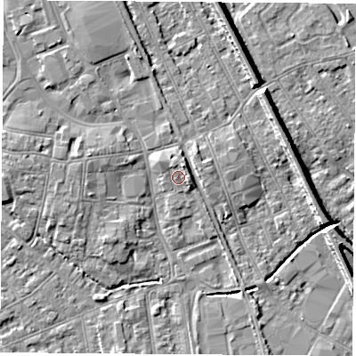 Shaded relief map of the ground around NG101GP, computed from Environment Agency LiDAR. The ground here sits at about 30 m above sea level and falls 8 m across the surrounding 800 m. Surface water reaching this point runs off ground lying to the north-north-east, 2.1 m higher.