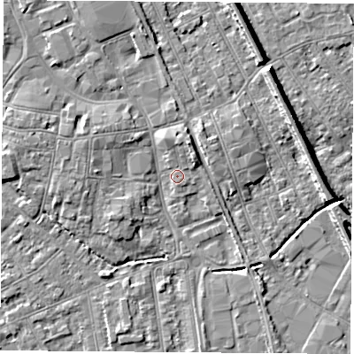 Shaded relief map of the ground around NG101GQ, computed from Environment Agency LiDAR. The ground here sits at about 29 m above sea level and falls 8 m across the surrounding 800 m. Surface water reaching this point runs off ground lying to the north, 2.0 m higher.