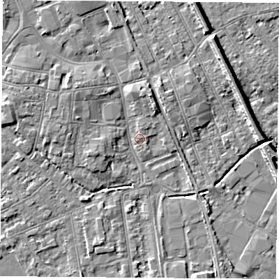Shaded relief map of the ground around NG101GR, computed from Environment Agency LiDAR. The ground here sits at about 29 m above sea level and falls 8 m across the surrounding 800 m. Surface water reaching this point runs off ground lying to the north, 3.0 m higher.