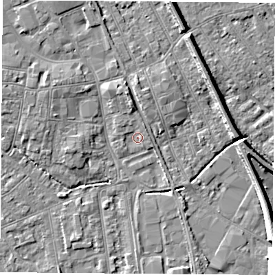 Shaded relief map of the ground around NG101GS, computed from Environment Agency LiDAR. The ground here sits at about 29 m above sea level and falls 8 m across the surrounding 800 m. Surface water reaching this point runs off ground lying to the north-north-west, 3.5 m higher.