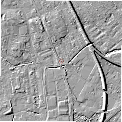 Shaded relief map of the ground around NG101GT, computed from Environment Agency LiDAR. The ground here sits at about 29 m above sea level and falls 8 m across the surrounding 800 m. Surface water reaching this point runs off ground lying to the south-south-west, 1.0 m higher.