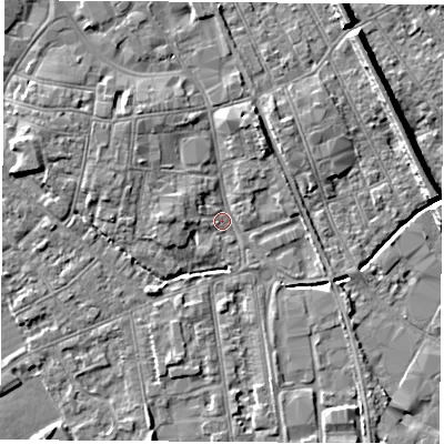 Shaded relief map of the ground around NG101GU, computed from Environment Agency LiDAR. The ground here sits at about 29 m above sea level and falls 8 m across the surrounding 800 m. Surface water reaching this point runs off ground lying to the north, 3.0 m higher.