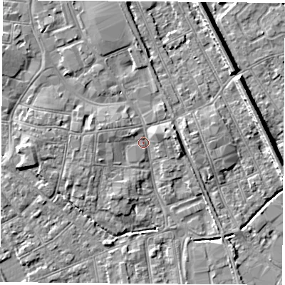 Shaded relief map of the ground around NG101GW, computed from Environment Agency LiDAR. The ground here sits at about 29 m above sea level and falls 8 m across the surrounding 800 m. Surface water reaching this point runs off ground lying to the west-north-west, 3.4 m higher.