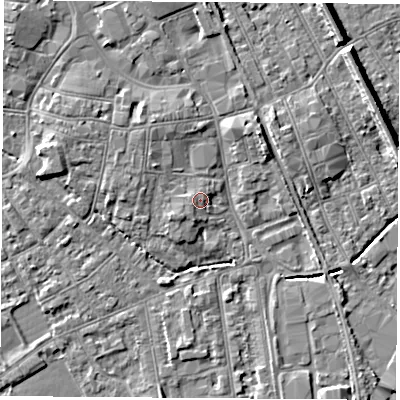 Shaded relief map of the ground around NG101GX, computed from Environment Agency LiDAR. The ground here sits at about 30 m above sea level and falls 8 m across the surrounding 800 m. Surface water reaching this point runs off ground lying to the west, 1.5 m higher.
