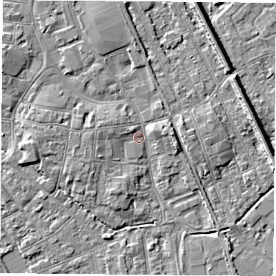 Shaded relief map of the ground around NG101GY, computed from Environment Agency LiDAR. The ground here sits at about 29 m above sea level and falls 8 m across the surrounding 800 m. Surface water reaching this point runs off ground lying to the west-north-west, 3.4 m higher.