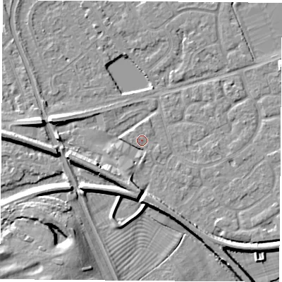 Shaded relief map of the ground around NG101GZ, computed from Environment Agency LiDAR. The ground here sits at about 30 m above sea level and falls 8 m across the surrounding 800 m. Surface water reaching this point runs off ground lying to the west, 1.0 m higher.