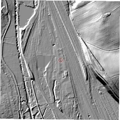Shaded relief map of the ground around NG101HA, computed from Environment Agency LiDAR. The ground here sits at about 35 m above sea level and falls 26 m across the surrounding 800 m. Surface water reaching this point runs off ground lying to the north, 0.9 m higher.