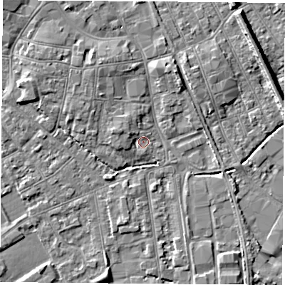 Shaded relief map of the ground around NG101HB, computed from Environment Agency LiDAR. The ground here sits at about 29 m above sea level and falls 8 m across the surrounding 800 m. Surface water reaching this point runs off ground lying to the west-north-west, 2.3 m higher.