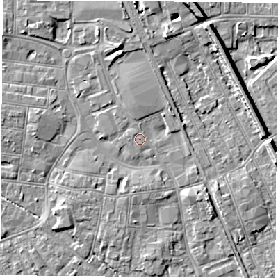 Shaded relief map of the ground around NG101HD, computed from Environment Agency LiDAR. The ground here sits at about 30 m above sea level and falls 9 m across the surrounding 800 m. Surface water reaching this point runs off ground lying to the north-west, 0.8 m higher.