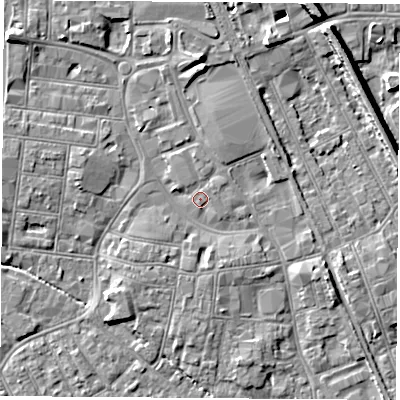 Shaded relief map of the ground around NG101HE, computed from Environment Agency LiDAR. The ground here sits at about 30 m above sea level and falls 9 m across the surrounding 800 m. Surface water reaching this point runs off ground lying to the north-west, 5.2 m higher.