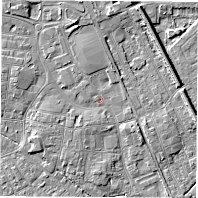 Shaded relief map of the ground around NG101HF, computed from Environment Agency LiDAR. The ground here sits at about 30 m above sea level and falls 9 m across the surrounding 800 m. Surface water reaching this point runs off ground lying to the north-north-west, 4.8 m higher.