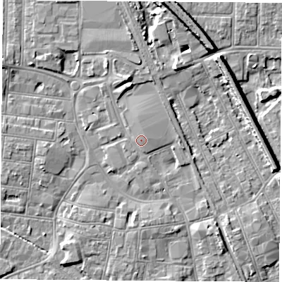 Shaded relief map of the ground around NG101HG, computed from Environment Agency LiDAR. The ground here sits at about 31 m above sea level and falls 9 m across the surrounding 800 m. Surface water reaching this point runs off ground lying to the north, 1.0 m higher.