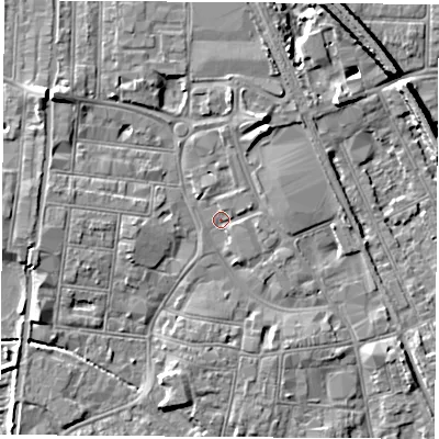Shaded relief map of the ground around NG101HH, computed from Environment Agency LiDAR. The ground here sits at about 30 m above sea level and falls 9 m across the surrounding 800 m. Surface water reaching this point runs off ground lying to the north-north-east, 4.4 m higher.