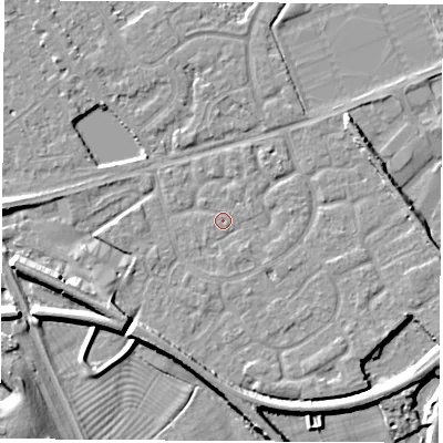 Shaded relief map of the ground around NG101HJ, computed from Environment Agency LiDAR. The ground here sits at about 29 m above sea level and falls 8 m across the surrounding 800 m. Surface water reaching this point runs off ground lying to the south-south-east, 1.0 m higher.