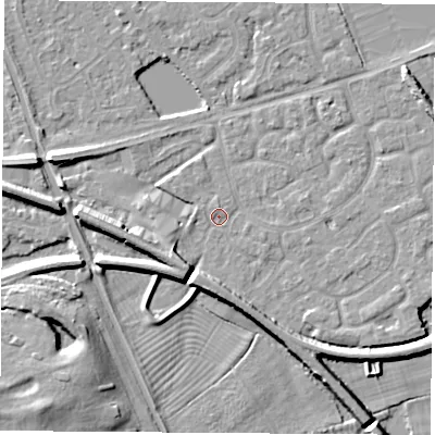 Shaded relief map of the ground around NG101HL, computed from Environment Agency LiDAR. The ground here sits at about 29 m above sea level and falls 8 m across the surrounding 800 m. Surface water reaching this point runs off ground lying to the south-south-west, 5.5 m higher.