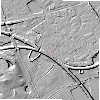 Shaded relief map of the ground around NG101HN, computed from Environment Agency LiDAR. The ground here sits at about 30 m above sea level and falls 8 m across the surrounding 800 m. Surface water reaching this point runs off ground lying to the south-west, 4.2 m higher.