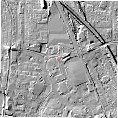 Shaded relief map of the ground around NG101HP, computed from Environment Agency LiDAR. The ground here sits at about 31 m above sea level and falls 13 m across the surrounding 800 m. Surface water reaching this point runs off ground lying to the east, 2.6 m higher.