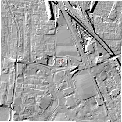 Shaded relief map of the ground around NG101HQ, computed from Environment Agency LiDAR. The ground here sits at about 32 m above sea level and falls 13 m across the surrounding 800 m. Surface water reaching this point runs off ground lying to the east, 1.4 m higher.