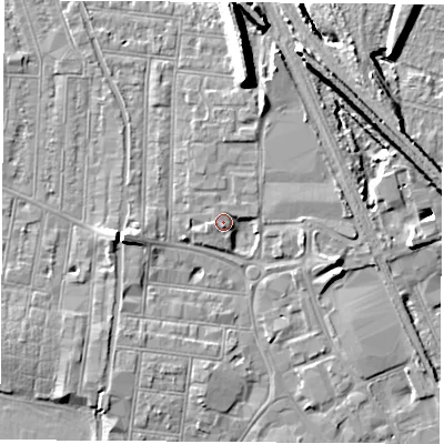 Shaded relief map of the ground around NG101HU, computed from Environment Agency LiDAR. The ground here sits at about 32 m above sea level and falls 13 m across the surrounding 800 m. Surface water reaching this point runs off ground lying to the west-south-west, 1.6 m higher.