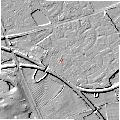 Shaded relief map of the ground around NG101HW, computed from Environment Agency LiDAR. The ground here sits at about 30 m above sea level and falls 8 m across the surrounding 800 m. Surface water reaching this point runs off ground lying to the south, 5.5 m higher.