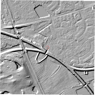 Shaded relief map of the ground around NG101HX, computed from Environment Agency LiDAR. The ground here sits at about 30 m above sea level and falls 8 m across the surrounding 800 m. Surface water reaching this point runs off ground lying to the south-south-west, 5.3 m higher.