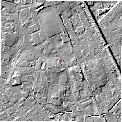 Shaded relief map of the ground around NG101HY, computed from Environment Agency LiDAR. The ground here sits at about 29 m above sea level and falls 8 m across the surrounding 800 m. Surface water reaching this point runs off ground lying to the north-north-west, 5.4 m higher.