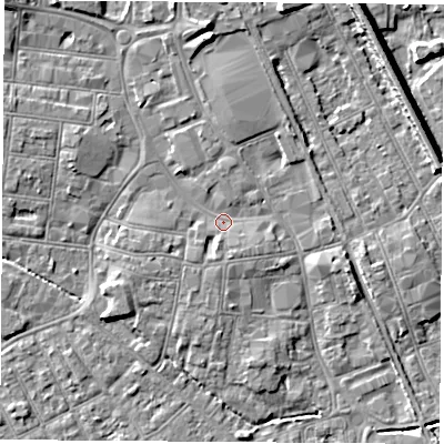Shaded relief map of the ground around NG101HZ, computed from Environment Agency LiDAR. The ground here sits at about 29 m above sea level and falls 8 m across the surrounding 800 m. Surface water reaching this point runs off ground lying to the north, 4.8 m higher.