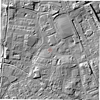 Shaded relief map of the ground around NG101JB, computed from Environment Agency LiDAR. The ground here sits at about 30 m above sea level and falls 9 m across the surrounding 800 m. Surface water reaching this point runs off ground lying to the north-west, 5.2 m higher.