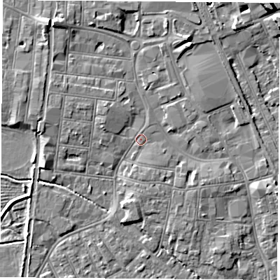 Shaded relief map of the ground around NG101JE, computed from Environment Agency LiDAR. The ground here sits at about 30 m above sea level and falls 9 m across the surrounding 800 m. Surface water reaching this point runs off ground lying to the west-north-west, 1.9 m higher.
