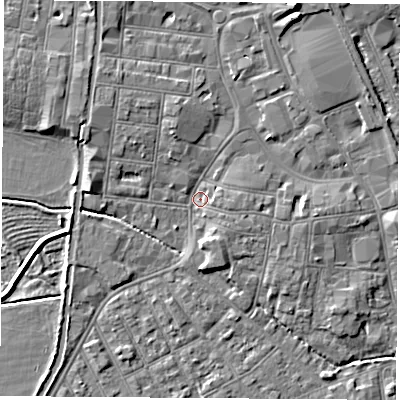Shaded relief map of the ground around NG101JF, computed from Environment Agency LiDAR. The ground here sits at about 30 m above sea level and falls 7 m across the surrounding 800 m. Surface water reaching this point runs off ground lying to the north-north-west, 2.9 m higher.