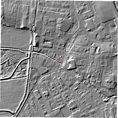 Shaded relief map of the ground around NG101JG, computed from Environment Agency LiDAR. The ground here sits at about 29 m above sea level and falls 5 m across the surrounding 800 m. Surface water reaching this point runs off ground lying to the west-north-west, 3.4 m higher.