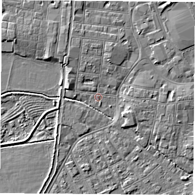 Shaded relief map of the ground around NG101JH, computed from Environment Agency LiDAR. The ground here sits at about 29 m above sea level and falls 6 m across the surrounding 800 m. Surface water reaching this point runs off ground lying to the north, 2.9 m higher.