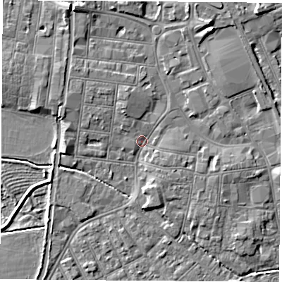 Shaded relief map of the ground around NG101JJ, computed from Environment Agency LiDAR. The ground here sits at about 30 m above sea level and falls 7 m across the surrounding 800 m. Surface water reaching this point runs off ground lying to the east-south-east, 1.6 m higher.