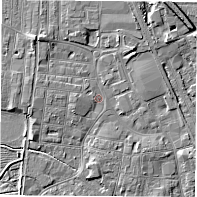 Shaded relief map of the ground around NG101JL, computed from Environment Agency LiDAR. The ground here sits at about 30 m above sea level and falls 9 m across the surrounding 800 m. Surface water reaching this point runs off ground lying to the north-west, 5.2 m higher.