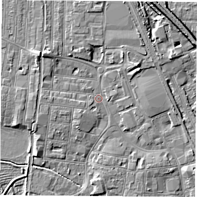 Shaded relief map of the ground around NG101JP, computed from Environment Agency LiDAR. The ground here sits at about 30 m above sea level and falls 10 m across the surrounding 800 m. Surface water reaching this point runs off ground lying to the north-west, 5.2 m higher.