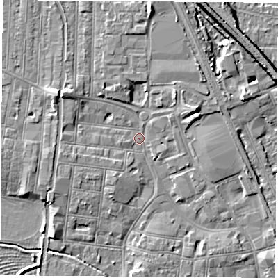 Shaded relief map of the ground around NG101JQ, computed from Environment Agency LiDAR. The ground here sits at about 30 m above sea level and falls 10 m across the surrounding 800 m. Surface water reaching this point runs off ground lying to the west-north-west, 5.2 m higher.