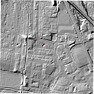 Shaded relief map of the ground around NG101JR, computed from Environment Agency LiDAR. The ground here sits at about 30 m above sea level and falls 13 m across the surrounding 800 m. Surface water reaching this point runs off ground lying to the west-north-west, 5.2 m higher.