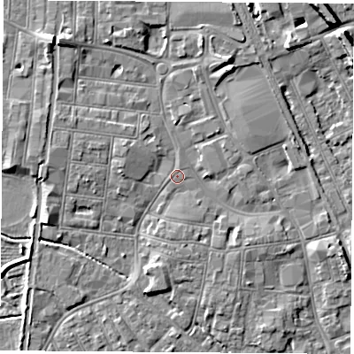 Shaded relief map of the ground around NG101JS, computed from Environment Agency LiDAR. The ground here sits at about 30 m above sea level and falls 9 m across the surrounding 800 m. The ground contributing surface water to this point lies to the west-south-west.