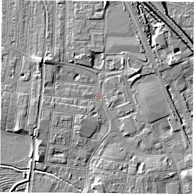 Shaded relief map of the ground around NG101JT, computed from Environment Agency LiDAR. The ground here sits at about 30 m above sea level and falls 10 m across the surrounding 800 m. Surface water reaching this point runs off ground lying to the north-west, 5.2 m higher.