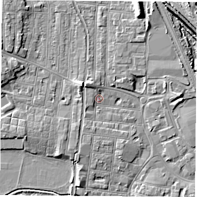 Shaded relief map of the ground around NG101JU, computed from Environment Agency LiDAR. The ground here sits at about 31 m above sea level and falls 12 m across the surrounding 800 m. Surface water reaching this point runs off ground lying to the north-west, 3.9 m higher.