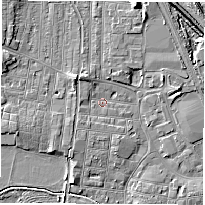 Shaded relief map of the ground around NG101JW, computed from Environment Agency LiDAR. The ground here sits at about 31 m above sea level and falls 12 m across the surrounding 800 m. Surface water reaching this point runs off ground lying to the west-south-west, 1.7 m higher.