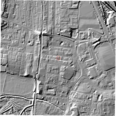 Shaded relief map of the ground around NG101JX, computed from Environment Agency LiDAR. The ground here sits at about 31 m above sea level and falls 9 m across the surrounding 800 m. Surface water reaching this point runs off ground lying to the west-south-west, 1.6 m higher.