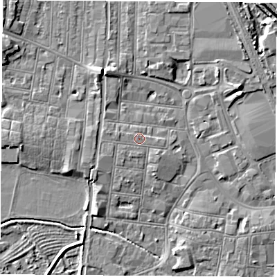 Shaded relief map of the ground around NG101JY, computed from Environment Agency LiDAR. The ground here sits at about 32 m above sea level and falls 8 m across the surrounding 800 m. Surface water reaching this point runs off ground lying to the west, 0.8 m higher.