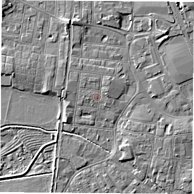 Shaded relief map of the ground around NG101JZ, computed from Environment Agency LiDAR. The ground here sits at about 31 m above sea level and falls 7 m across the surrounding 800 m. Surface water reaching this point runs off ground lying to the north-north-west, 1.5 m higher.