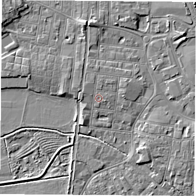 Shaded relief map of the ground around NG101LB, computed from Environment Agency LiDAR. The ground here sits at about 31 m above sea level and falls 7 m across the surrounding 800 m. Surface water reaching this point runs off ground lying to the west-north-west, 1.1 m higher.